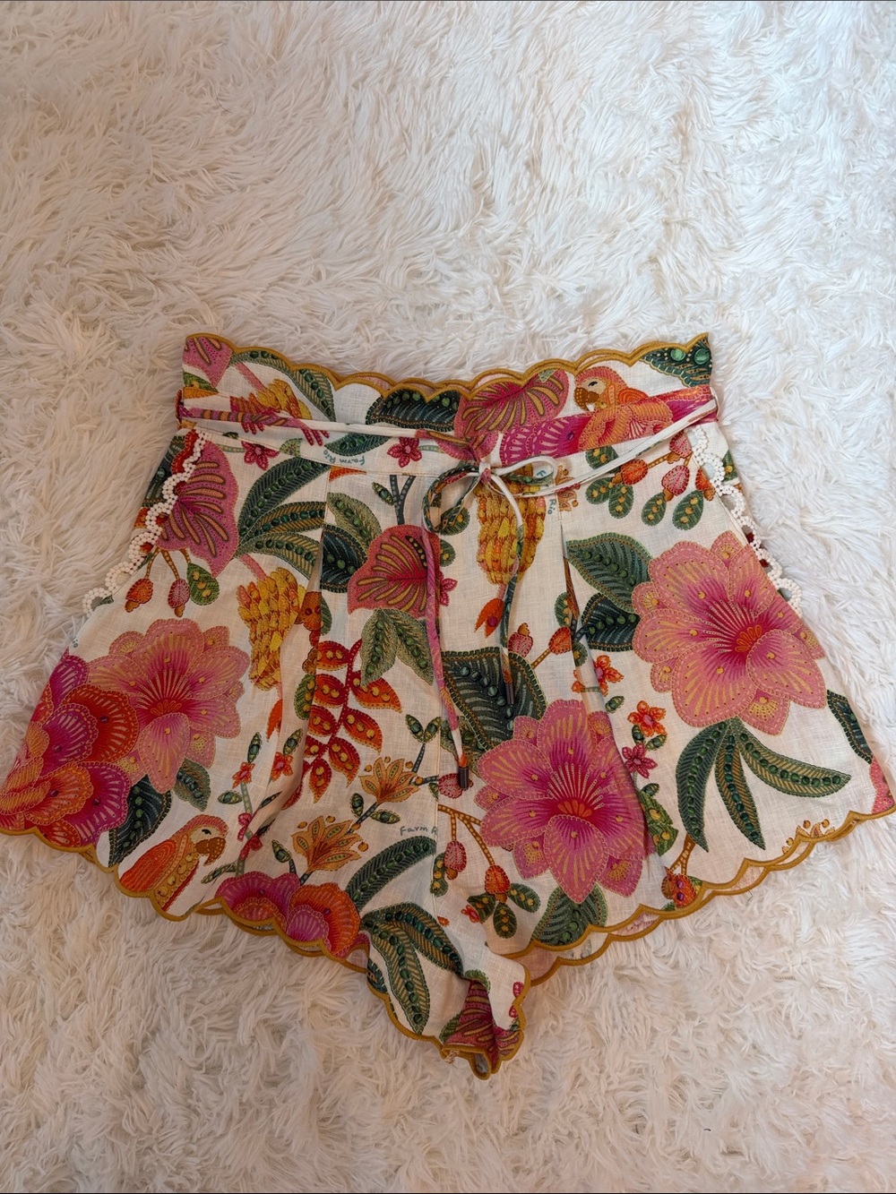 FARM Rio Floral High Waist Shorts in Pink, Green, Gold on Cream